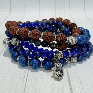 Lapis & Rudraksha 36” Wrap Bracelet or Mala Necklace - Silver Tone Charms